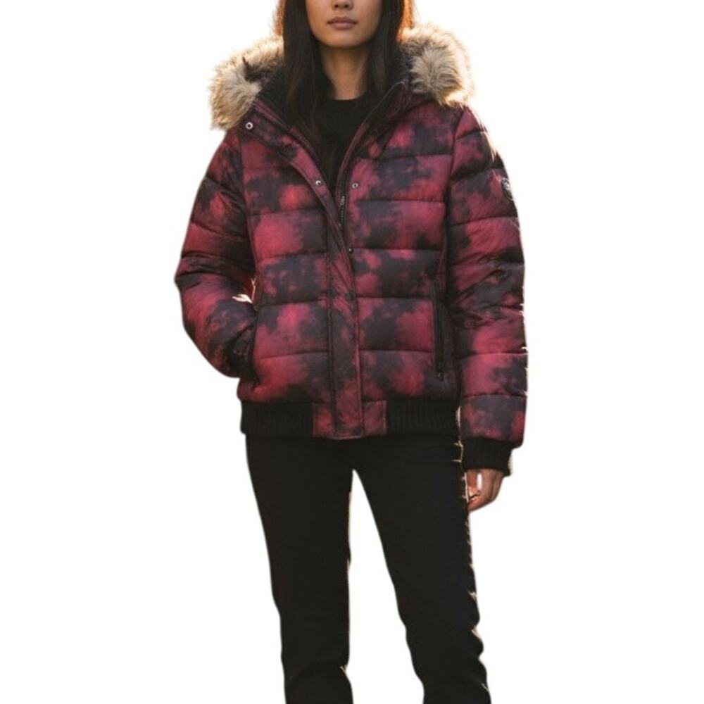 American Eagle Down Puffer Coat Women Sz Medium Faux Fur Hood Pink Black Tie Dye